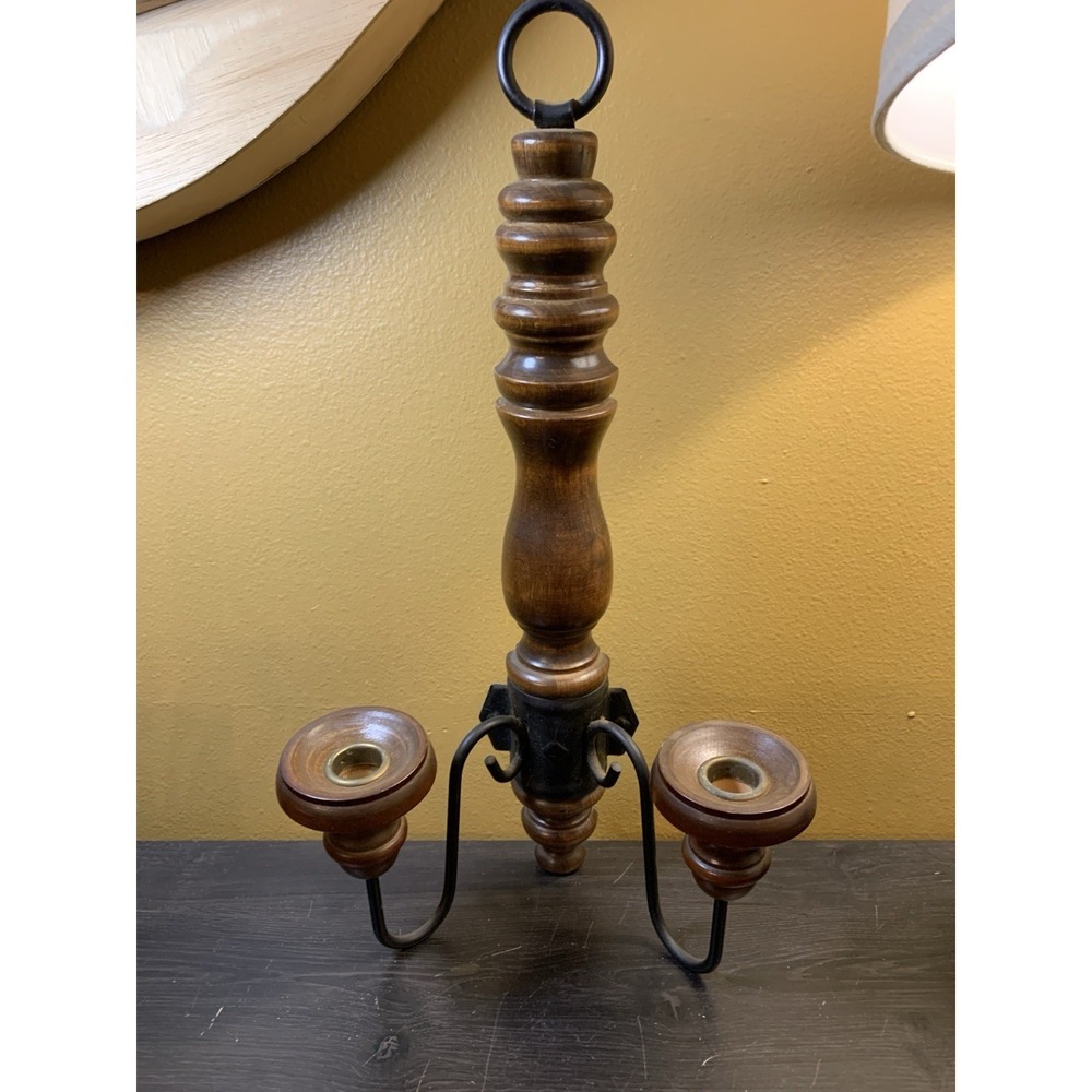 Vintage Homco Wrought Iron Double Candle Wall Sconce Decor 17.5" Wood